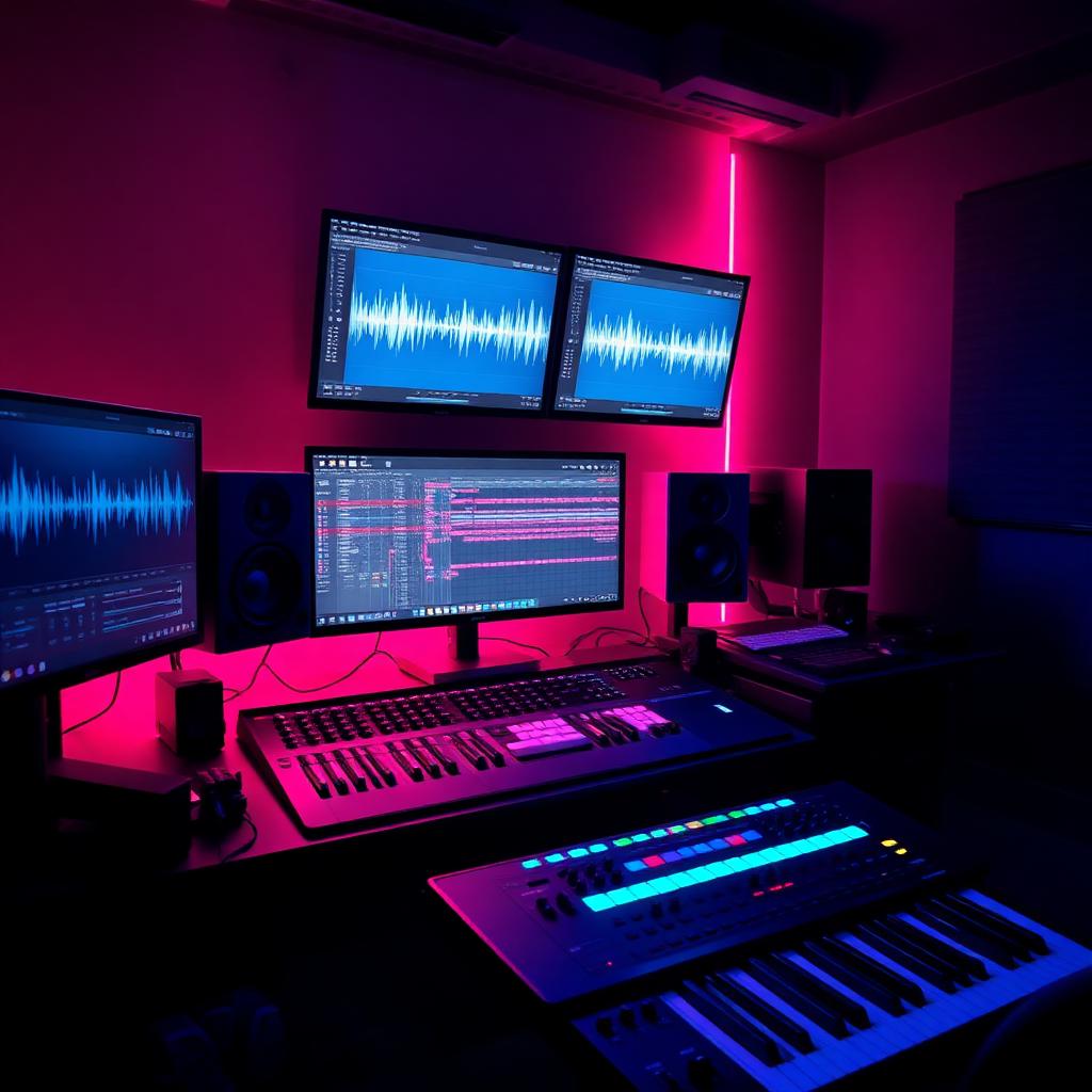 Estúdio profissional com iluminação neon rosa e azul